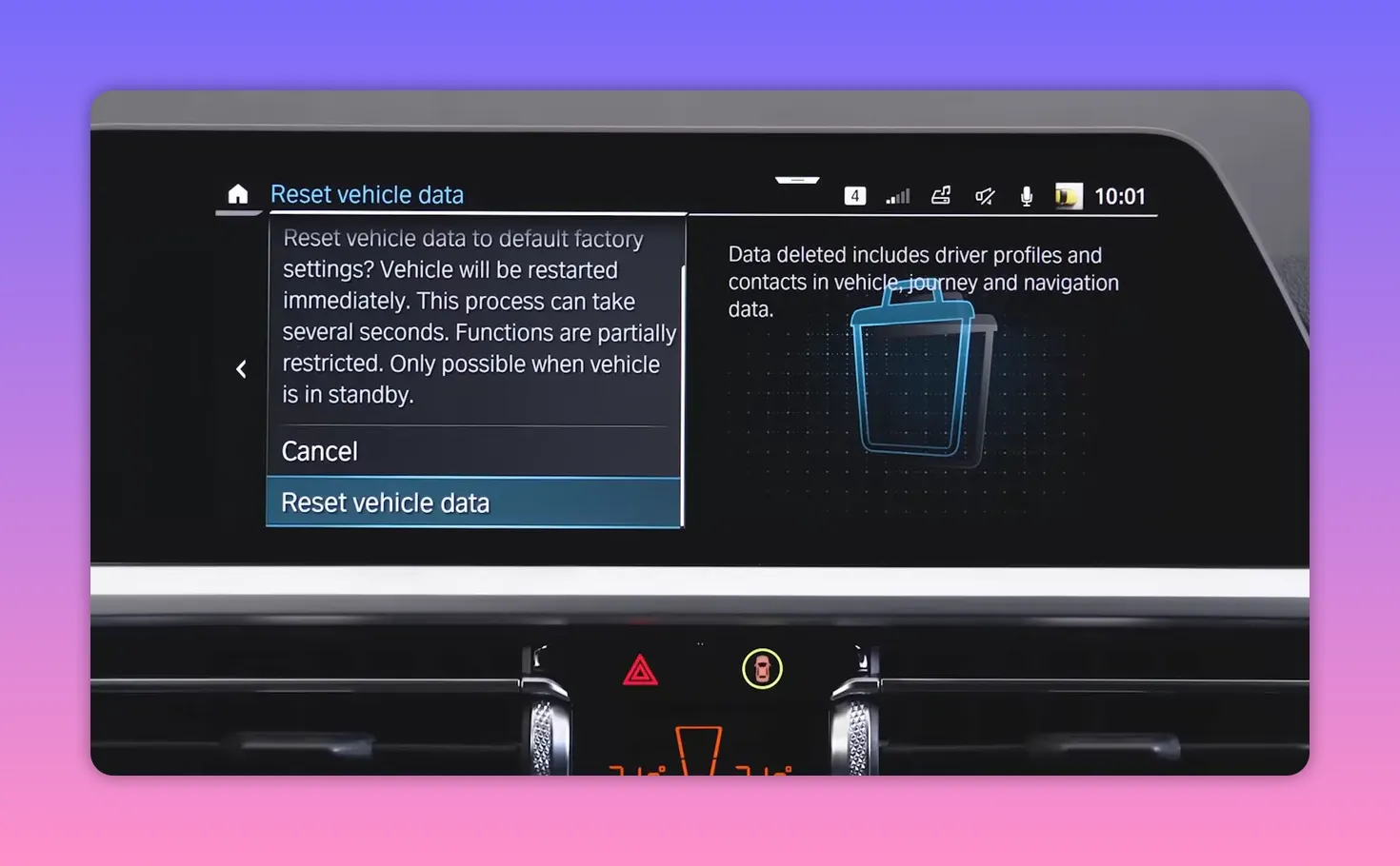 Infotainment confirmation dialog reading 'Reset vehicle data' with explanatory text and a highlighted reset button