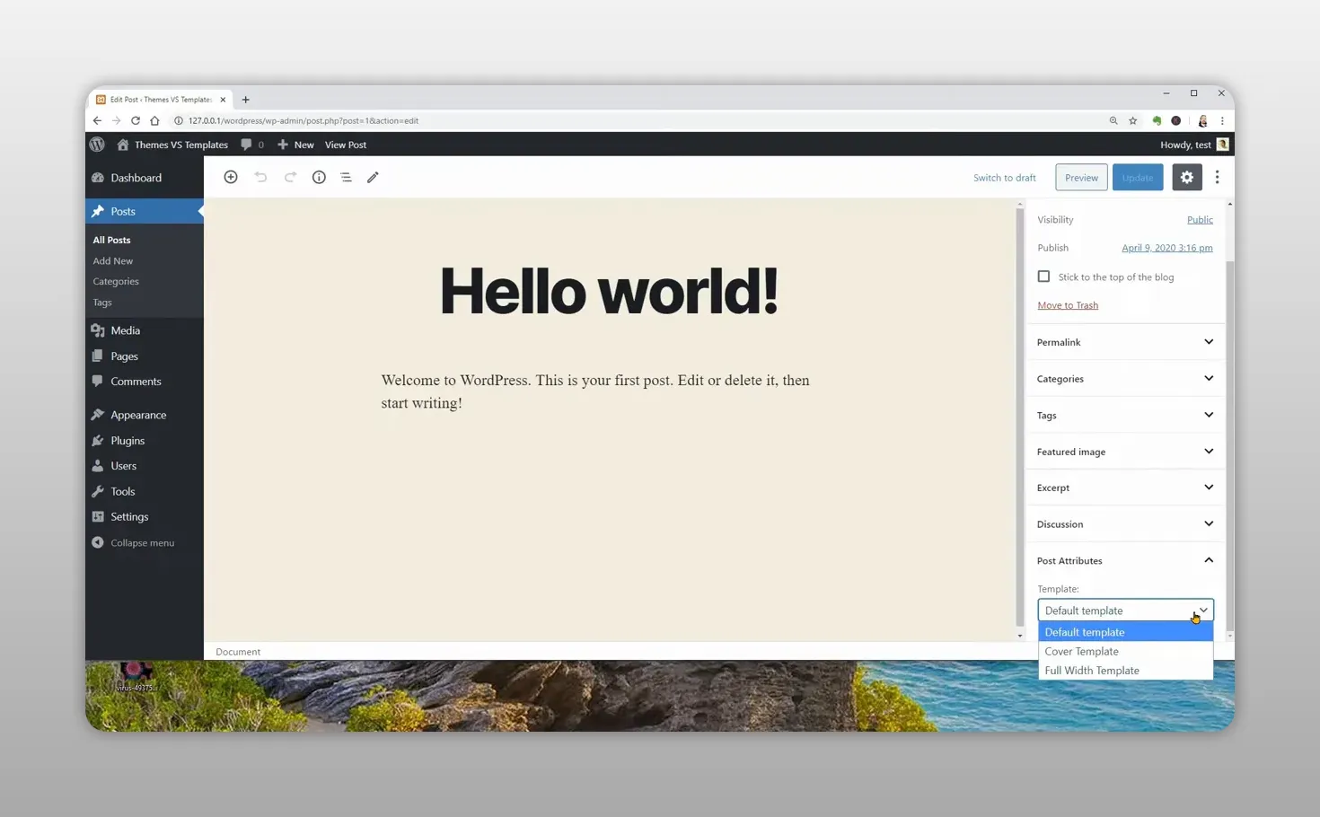 Trình chỉnh sửa bài viết WordPress mở danh sách lựa chọn Template