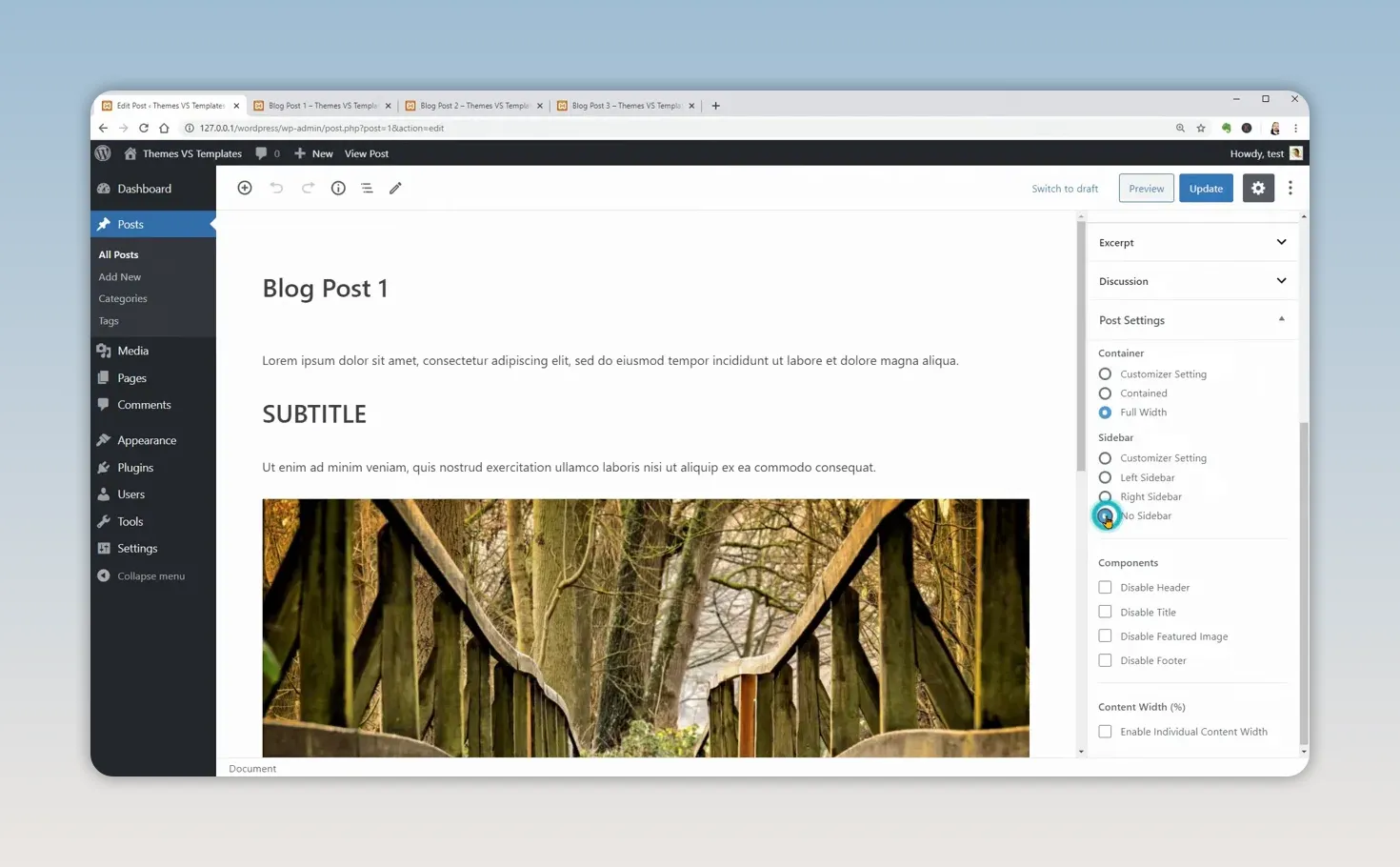 Trình chỉnh sửa trang WordPress với danh sách thiết lập bố cục của Neve
