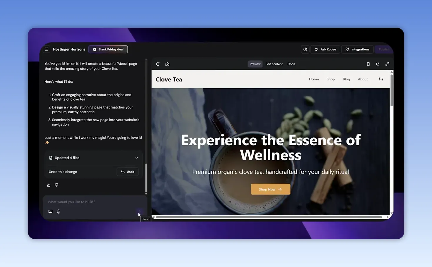 Giao diện Hostinger tạo website từ câu lệnh với bản xem trước trang chăm sóc sức khỏe