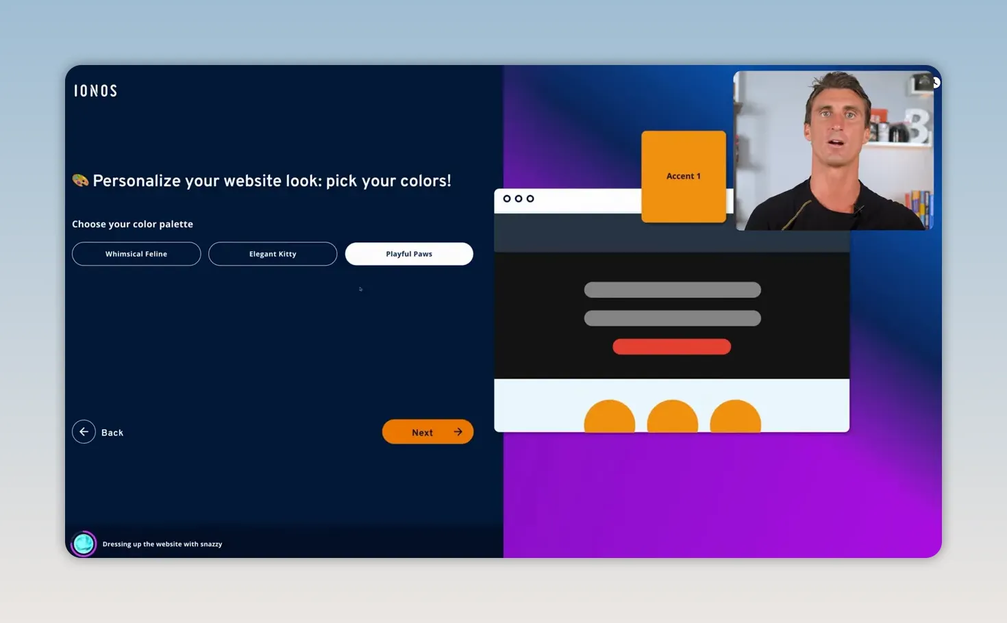 Trình biên tập IONOS hiển thị bố cục website với khu vực thư viện ảnh và nội dung cửa hàng