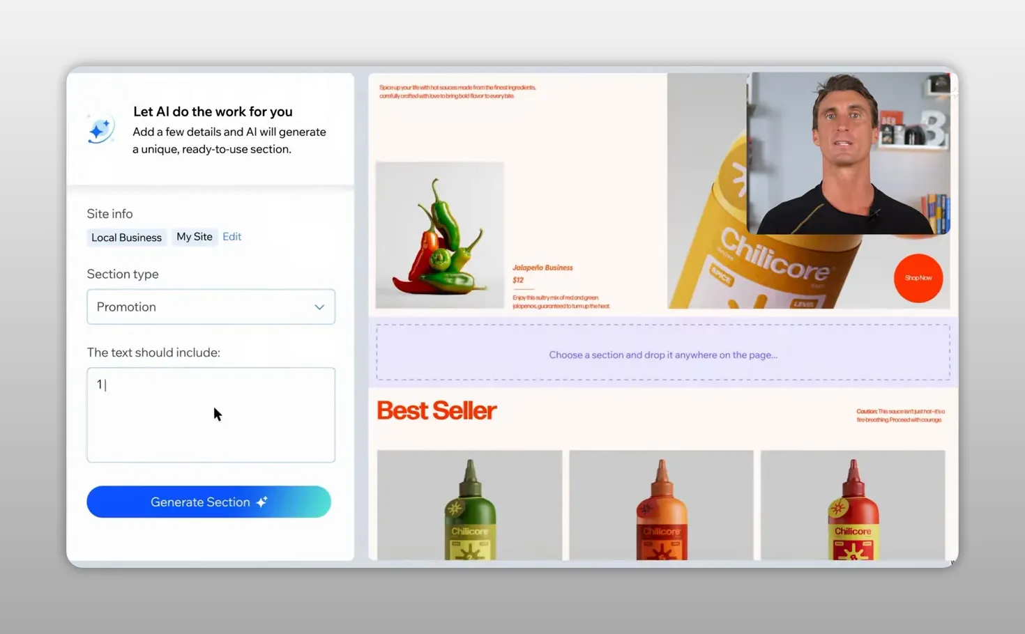 Giao diện Wix tạo website bằng AI với bảng câu hỏi bên trái và trang cửa hàng bên phải