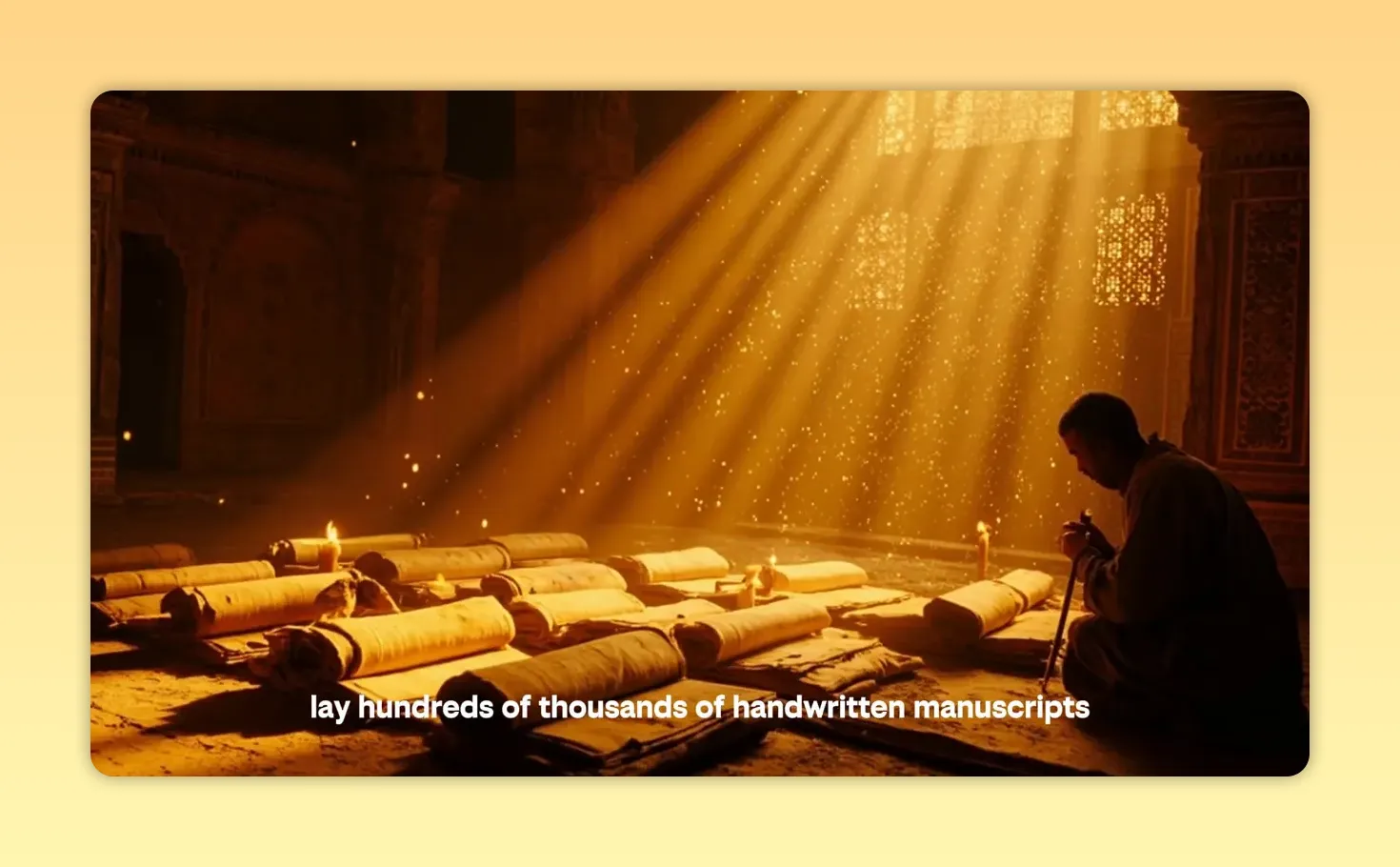 De verloren Afrikaanse beschaving die zelden wordt besproken 1 Rolmanuscripten op de grond in een zonverlichte ruimte, met een persoon naast de rollen