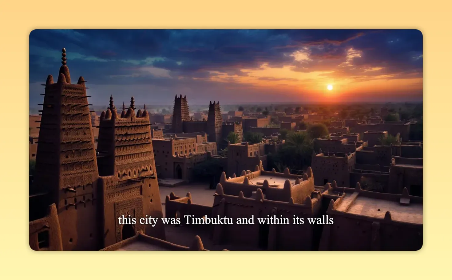 Manuscripten van Timbuktu: De vergeten bibliotheek die Afrikaanse wetenschap bewijst 1 Timbuktu skyline met lemen moskeeën en zonsopgang, duidelijke details