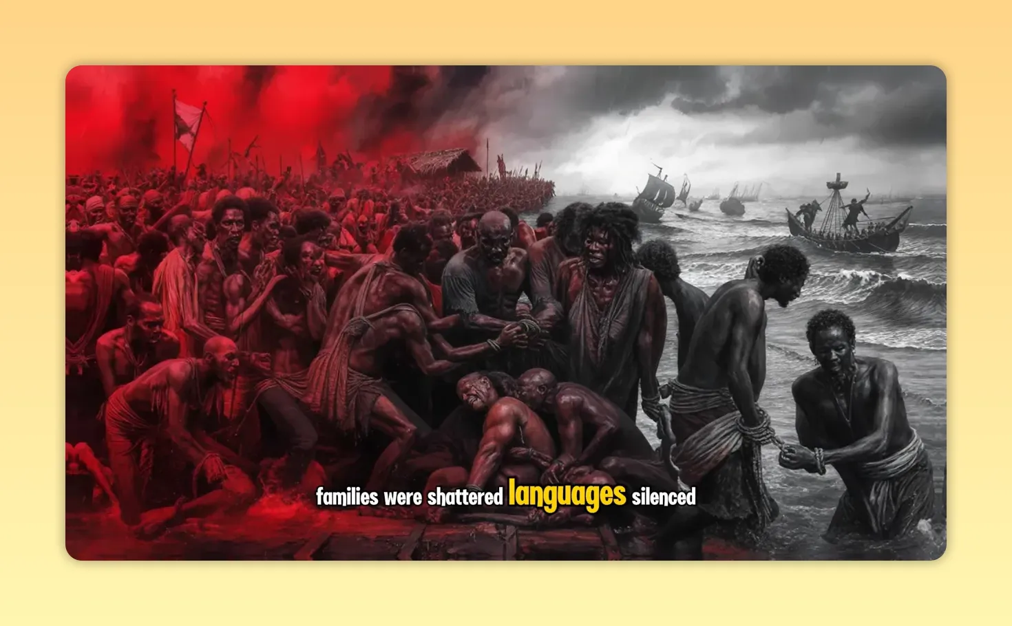 Hoe Europa Afrika echt onderontwikkelde: de waarheid die niet werd onderwezen 2 Illustratie van gevangengenomen Afrikanen aan de kust met slavenboten op zee, symbolisch voor de trans-Atlantische slavenhandel.