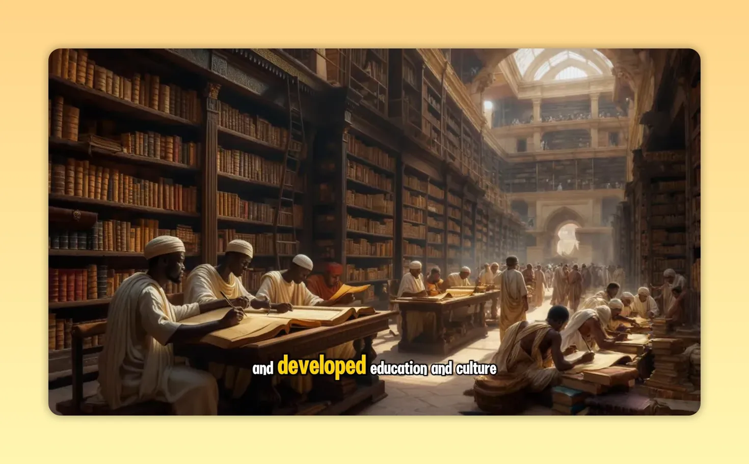 Hoe Europa Afrika echt onderontwikkelde: de waarheid die niet werd onderwezen 1 Grote oude bibliotheek met rijen manuscripten en geleerden die schrijven en lezen