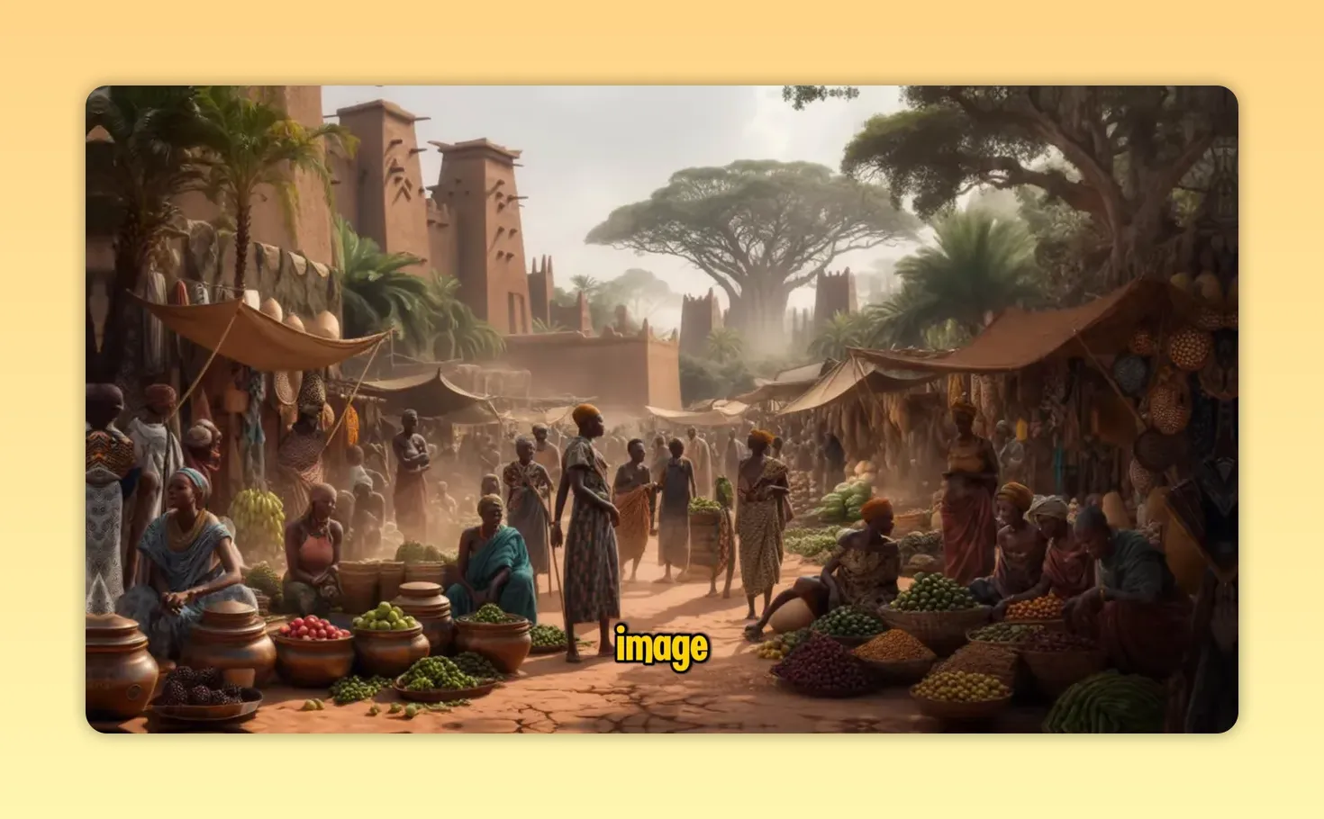 Hoe Europa Afrika echt onderontwikkelde: de waarheid die niet werd onderwezen 4 Drukke marktplaats voor leemgebouwen met handelaren en klanten in een prekoloniaal Afrikaanse stad.