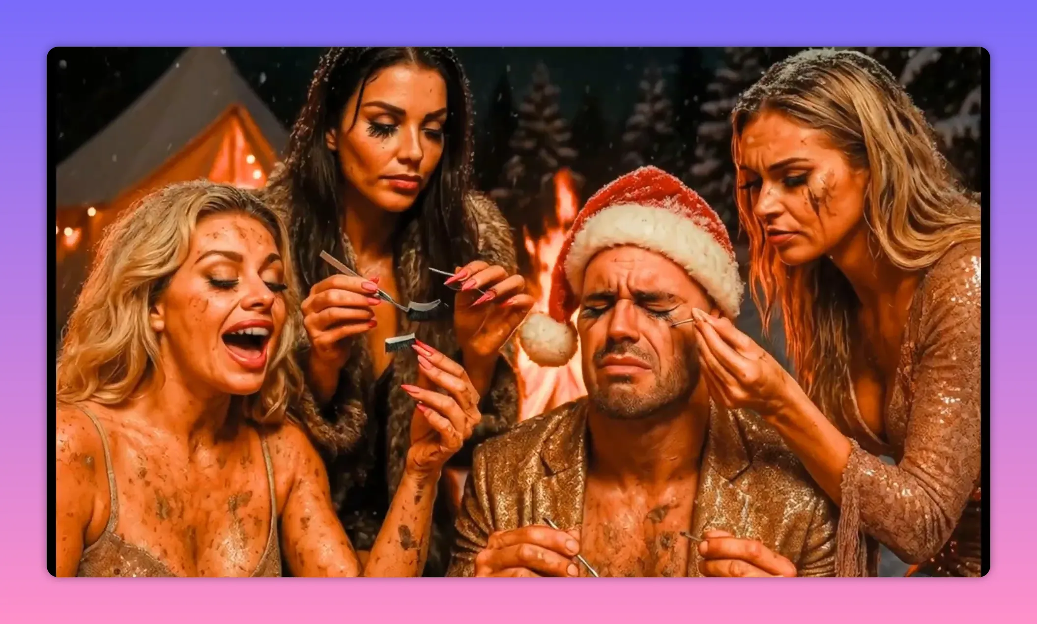 Group of four partygoers covered in mud and glitter, putting false lashes on a man wearing a Santa hat in front of a campfire.