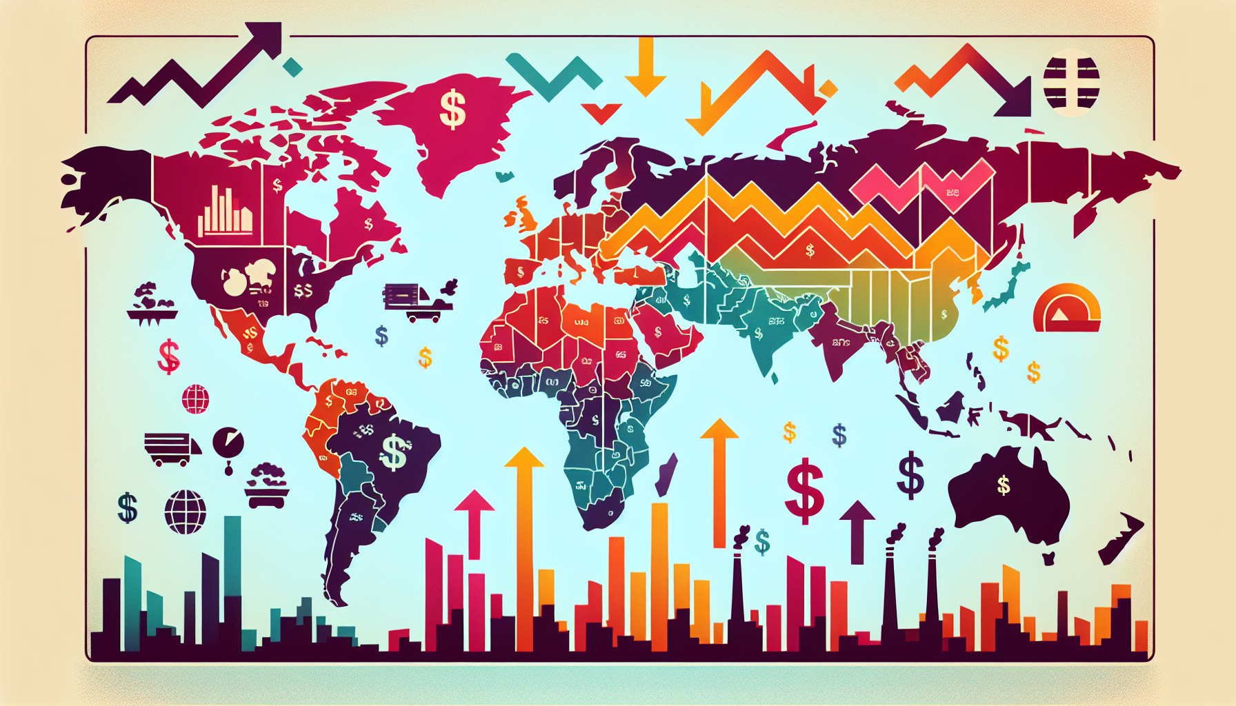 World map highlighting economic perspectives with growth and decline indicators.