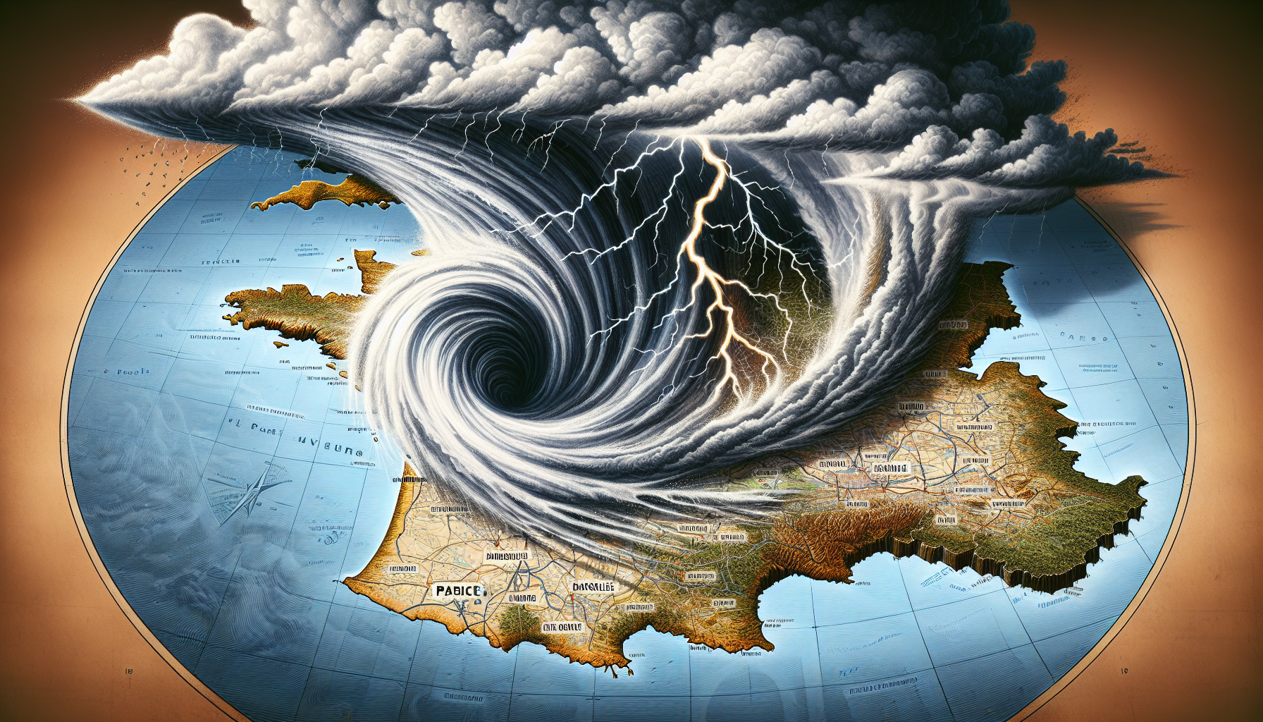 A cyclone over a map of France representing economic turmoil.