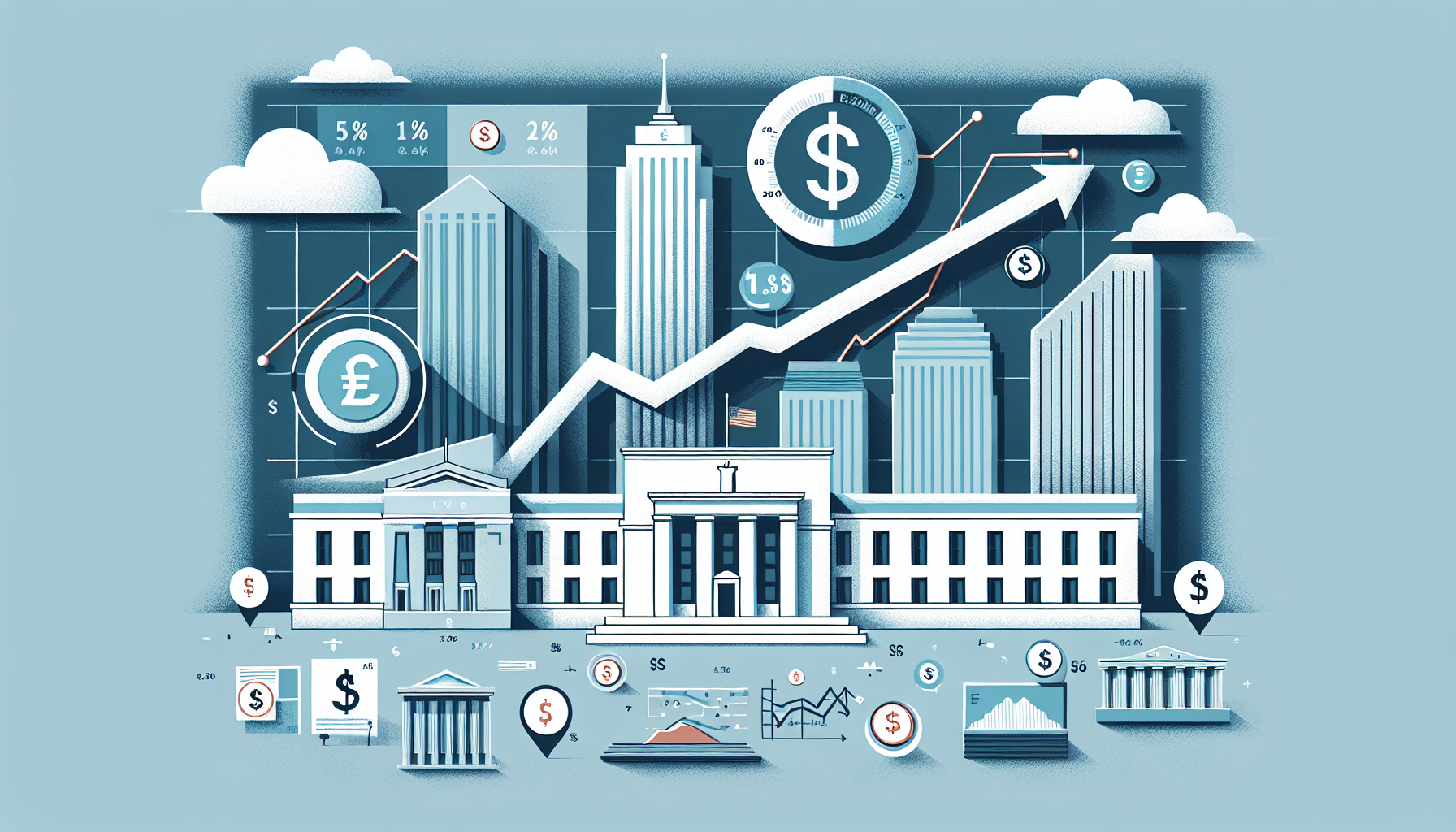 Illustration depicting inflation and growth with graphs and currency symbols.