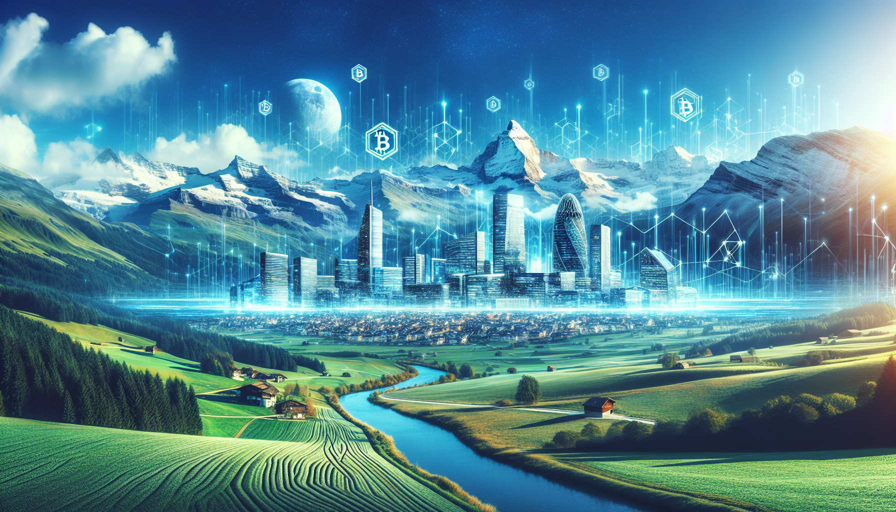 Swiss landscape with a modern city skyline symbolizing cryptocurrency innovation