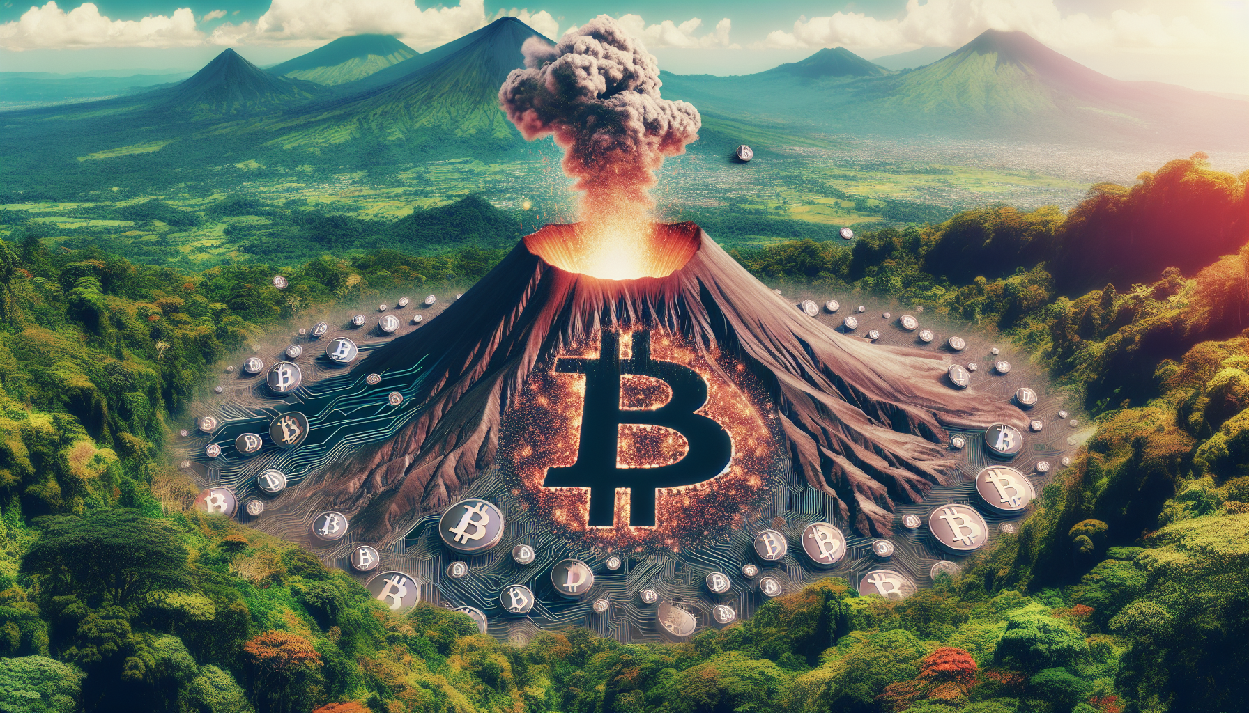Volcano in El Salvador with Bitcoin symbols erupting