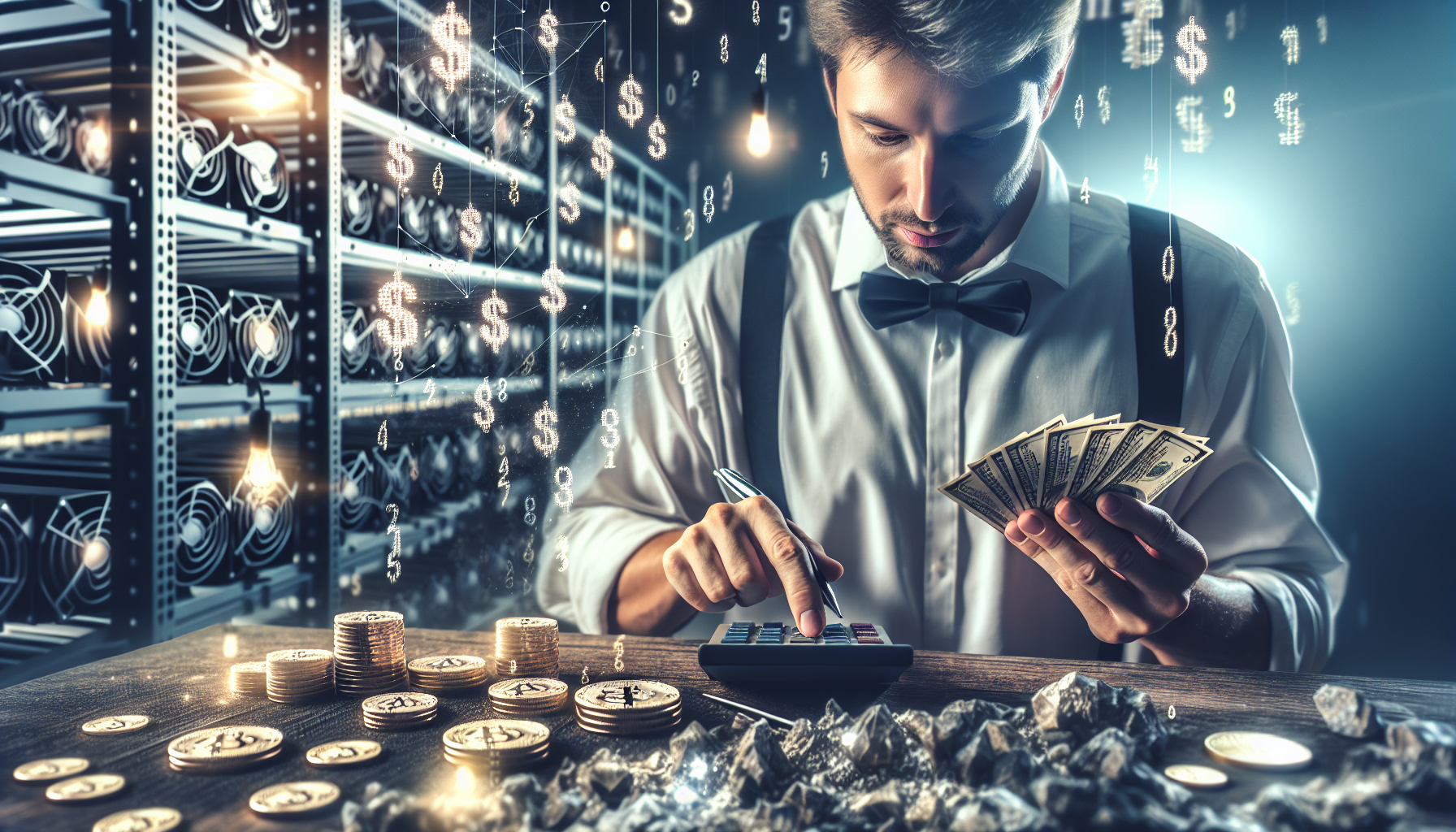 Miner calculating profitability surrounded by floating numbers.