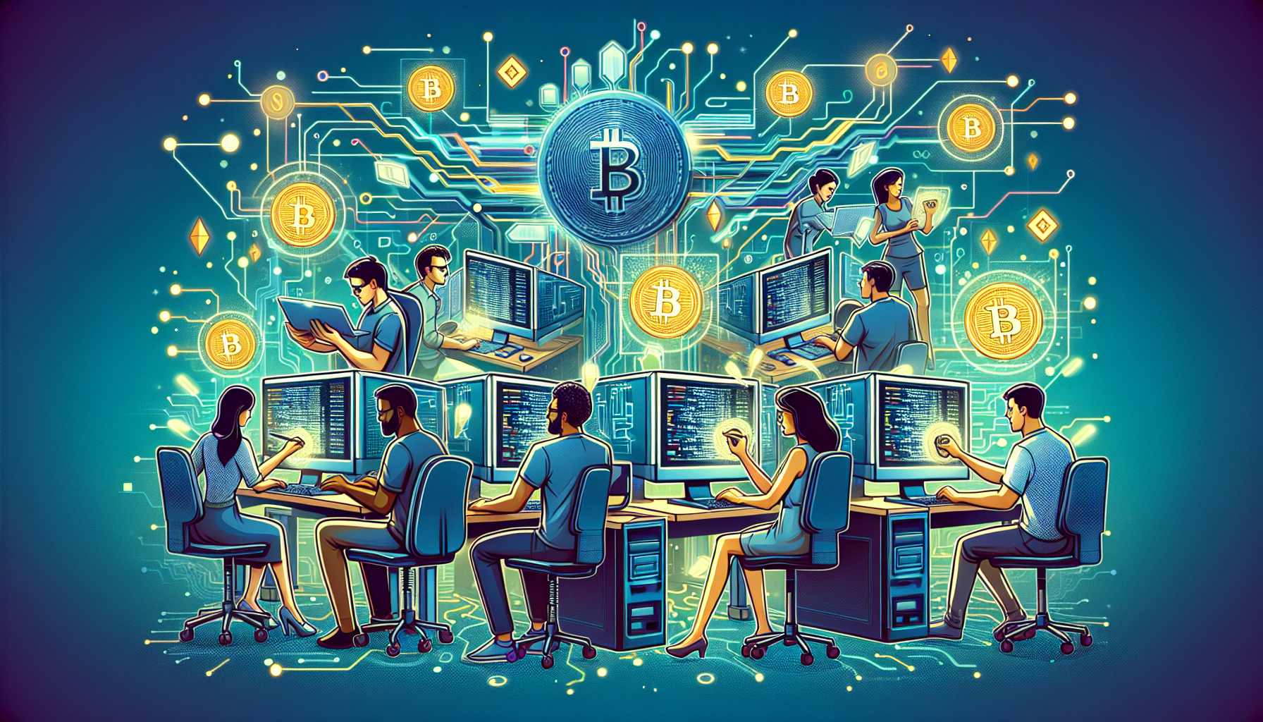 Illustration of cryptocurrency miners in a high-tech environment.