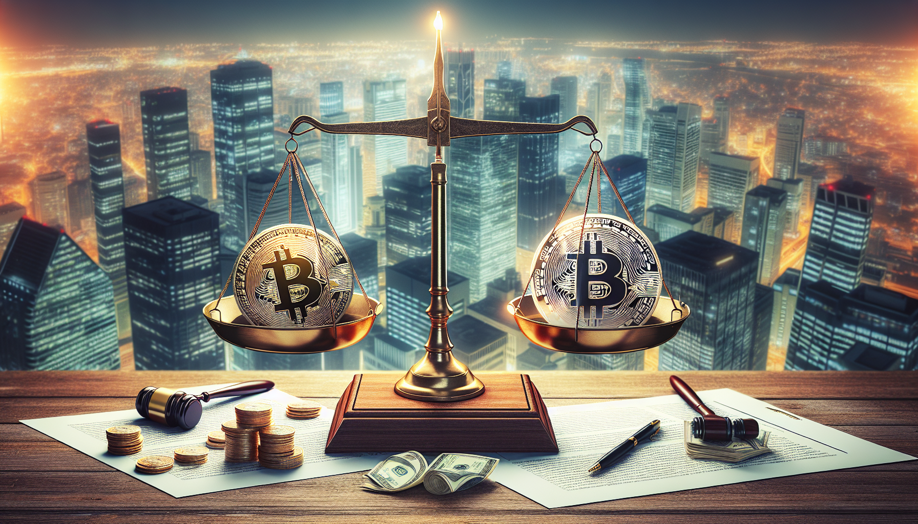Bitcoin balanced with legal documents representing regulation