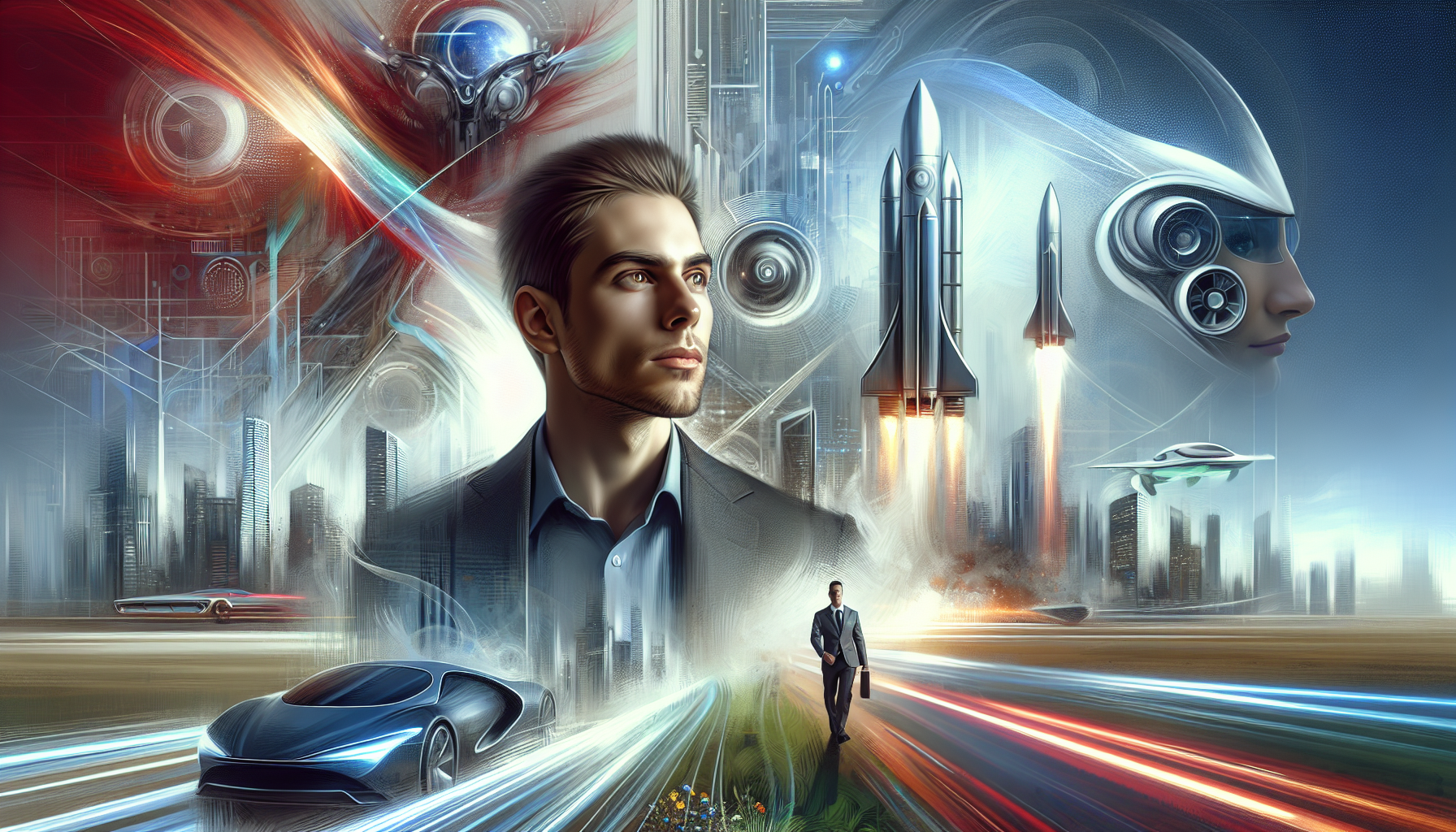 Portrait of Elon Musk in a futuristic tech environment