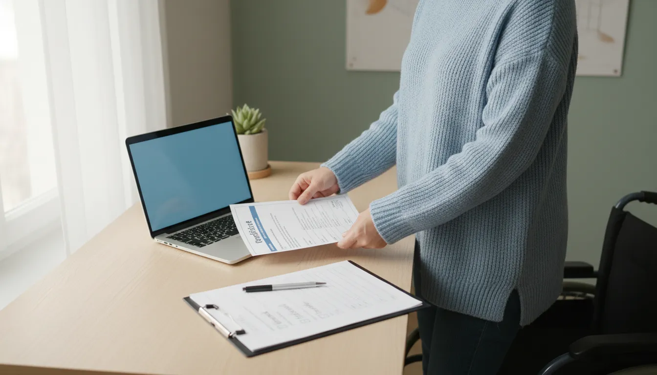 Personne préparant un dossier RQTH sur un bureau avec formulaire MDPH, certificat médical, ordinateur et checklist d’aménagements