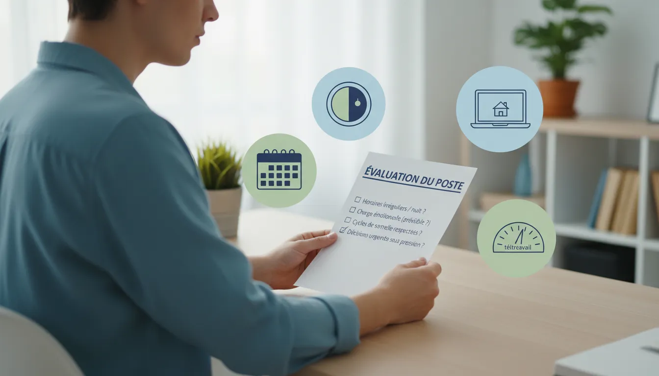 Personne vérifiant une checklist d'évaluation de poste avec icônes d'horloge jour/nuit, calendrier et jauge de stress