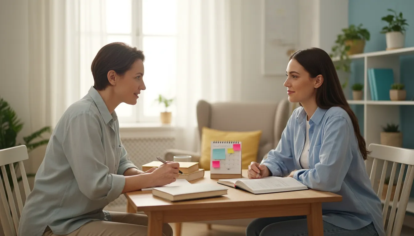 Deux personnes dans un salon : un·e proche prend des notes et consulte des livres et un calendrier de suivi d'humeur, échange calme et bienveillant sur la bipolarité.