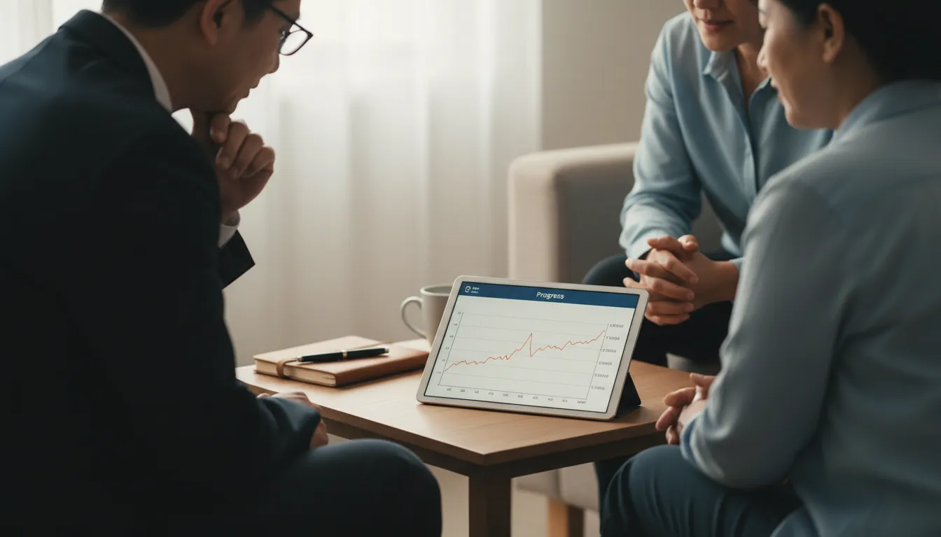 Psychiatre et patient réévaluant le suivi sur une tablette montrant un graphique et une checklist « Réévaluation du suivi » dans un cabinet calme.