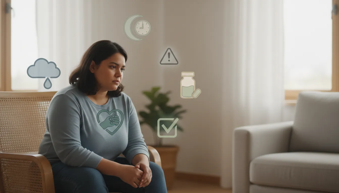 Personne préoccupée entourée d'icônes symbolisant dépression, insomnie, addictions, anxiété et difficultés quotidiennes — signes pour consulter un psychiatre