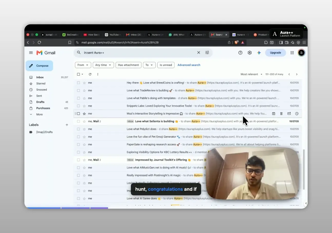 Gmail inbox showing many outreach email messages