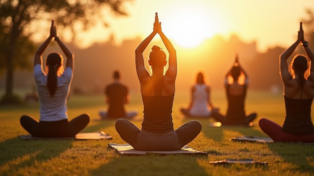 Grupp som utövar yoga på mattor i en park under solnedgången, med folk som sitter i kors och händerna sammanfogade över huvudet.