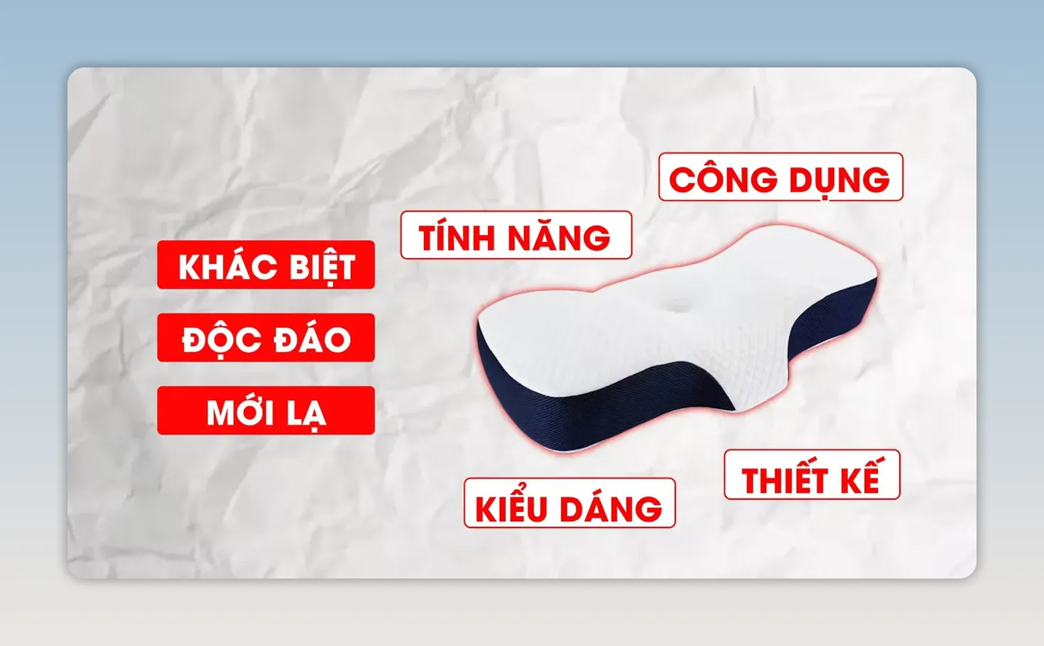 Minh họa sản phẩm gối với các nhãn khác biệt, độc đáo, mới lạ, tính năng, công dụng và kiểu dáng