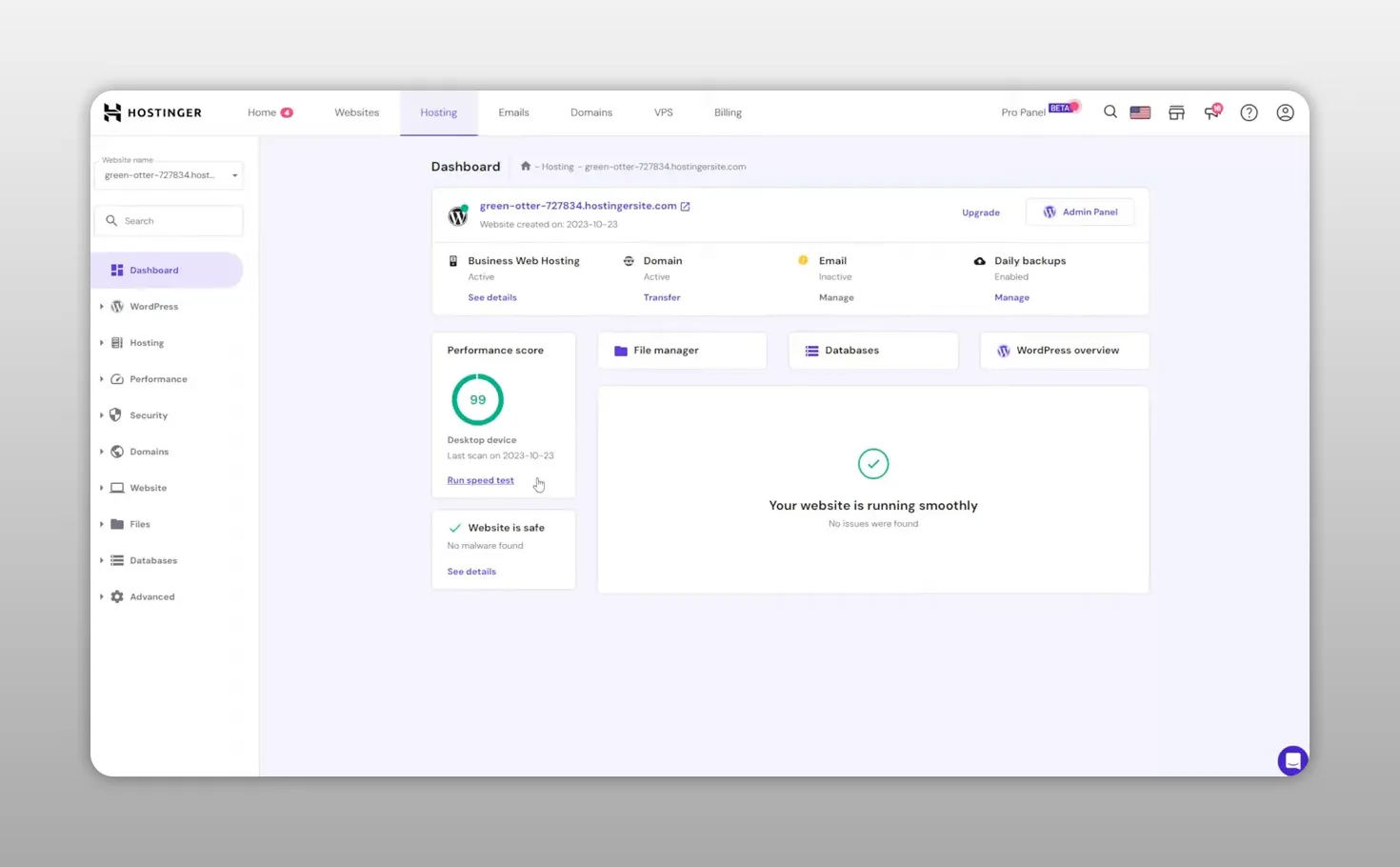 Bảng điều khiển hosting hiển thị điểm hiệu năng, trạng thái bảo mật và các công cụ quản lý website