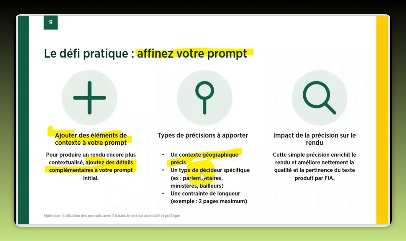 Diapositive 'Affinez votre prompt' montrant la colonne centrale 'Types de précisions à apporter' avec le point 'Un contexte géographique précis' surligné.