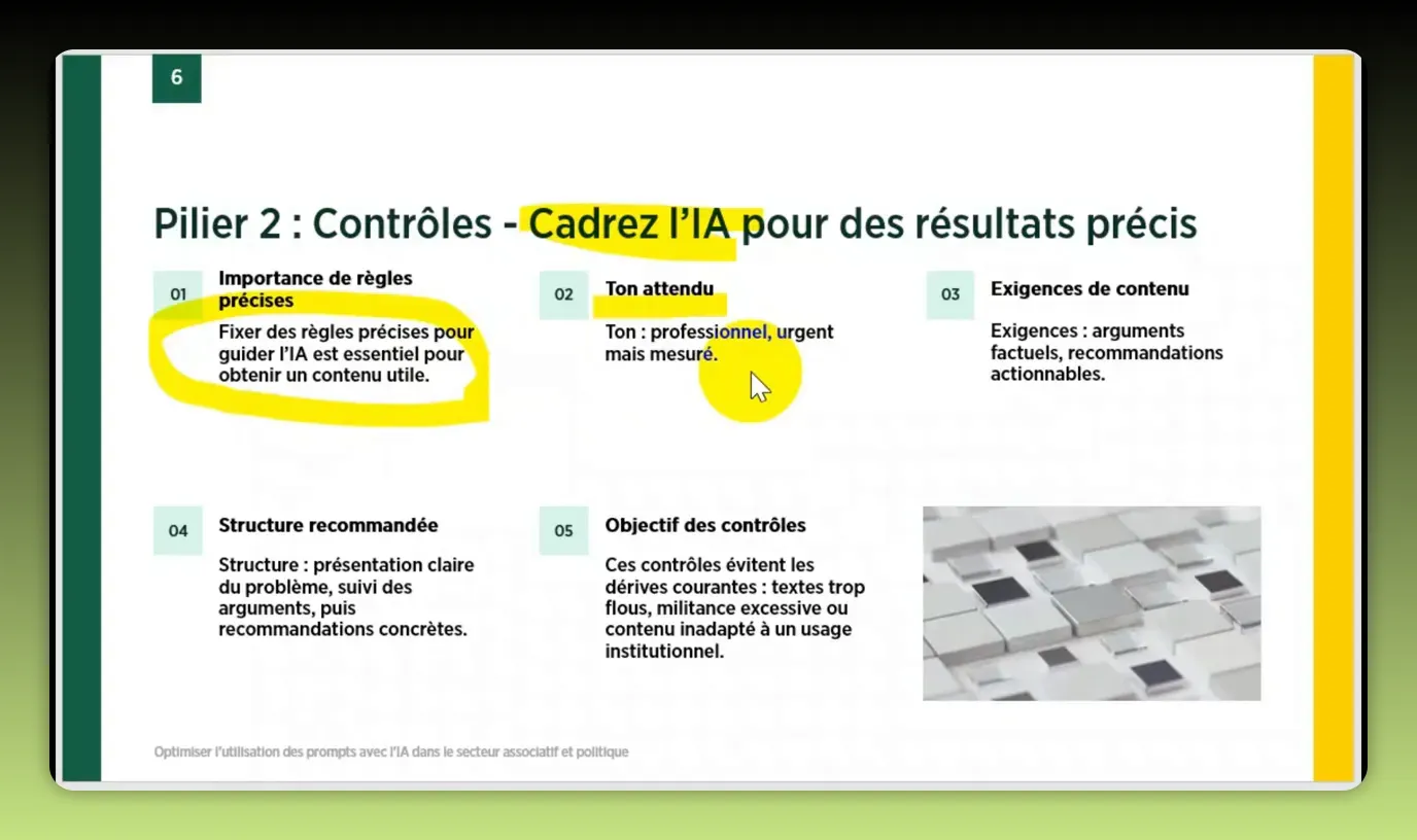 Diapositive 'Pilier 2 : Contrôles' nette et lisible présentant les éléments de contrôle du prompt : règles, ton attendu, exigences de contenu et structure recommandée.