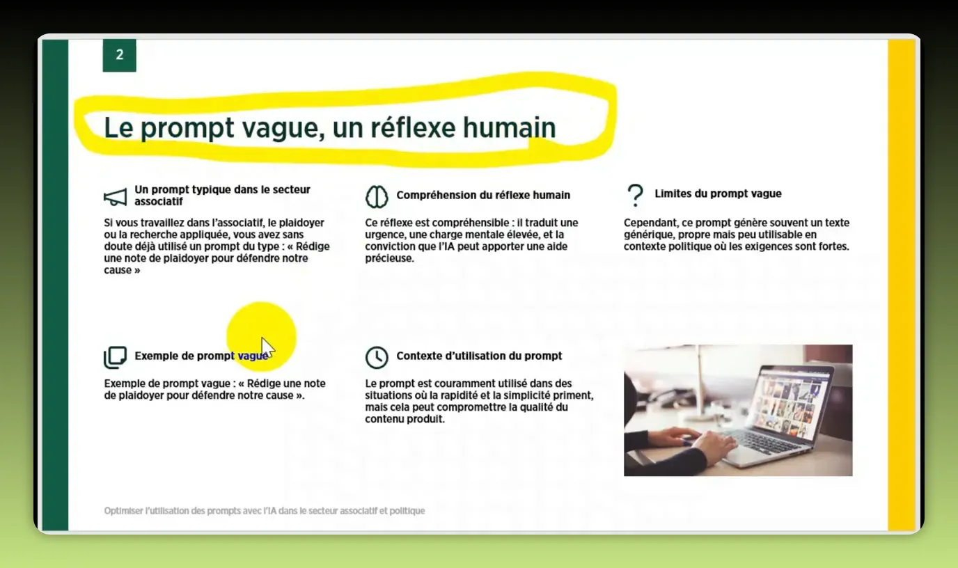 Diapositive « Le prompt vague, un réflexe humain » avec le titre entouré en jaune, claire et lisible.