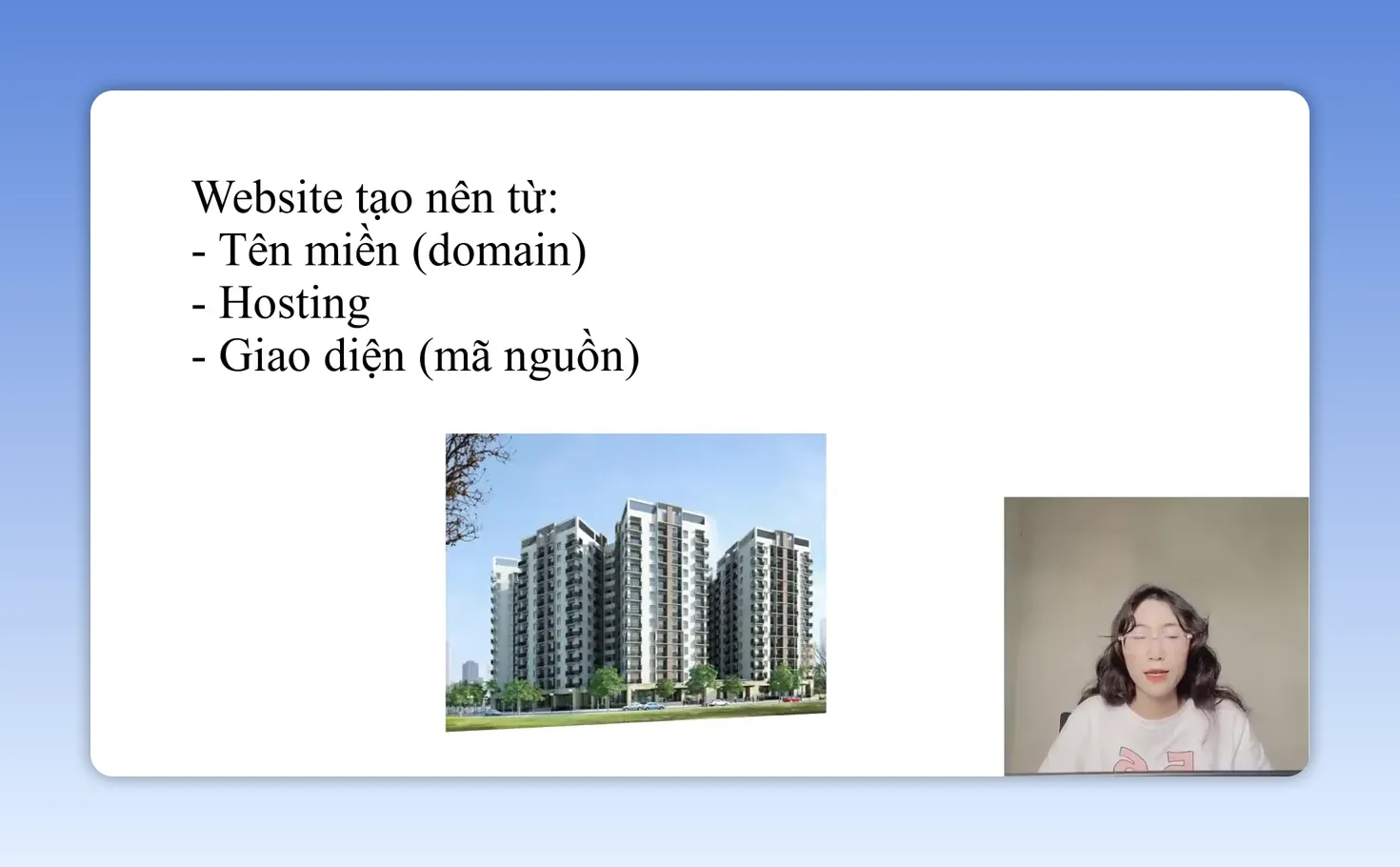 Slide liệt kê ba thành phần gồm tên miền hosting và giao diện cùng hình chung cư