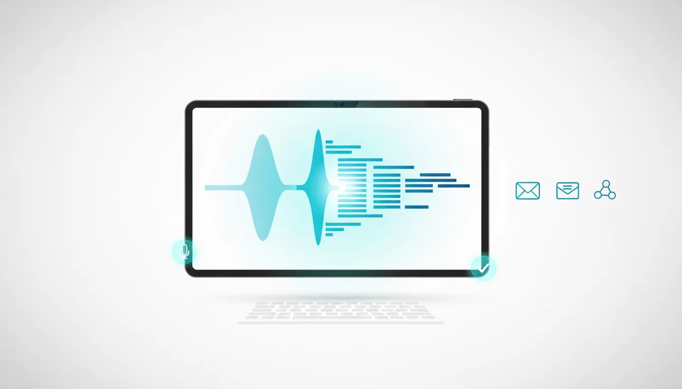 Illustration of an AI speech-to-text writing workflow transforming spoken audio into structured text on a digital screen, with integration and hotkey concepts shown as icons only (no text).