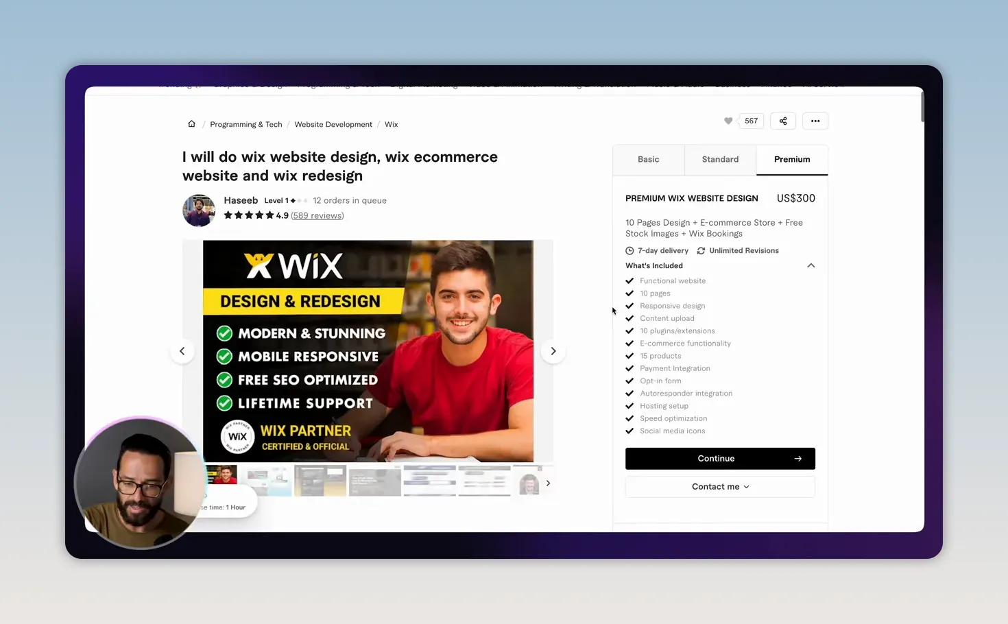 Trang dịch vụ Fiverr về thiết kế website Wix với danh sách các hạng mục bàn giao