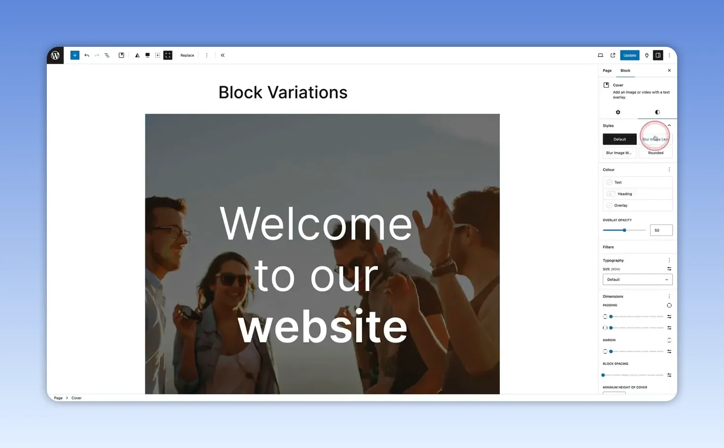 Block phủ nền trong WordPress với chữ trắng trên ảnh nền được làm mờ