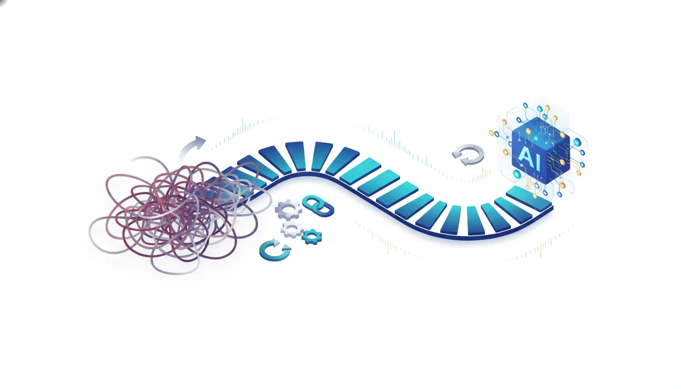 Illustration showing streamlined business workflows connected to abstract AI nodes, conveying better pacing and reduced workload from AI adoption.