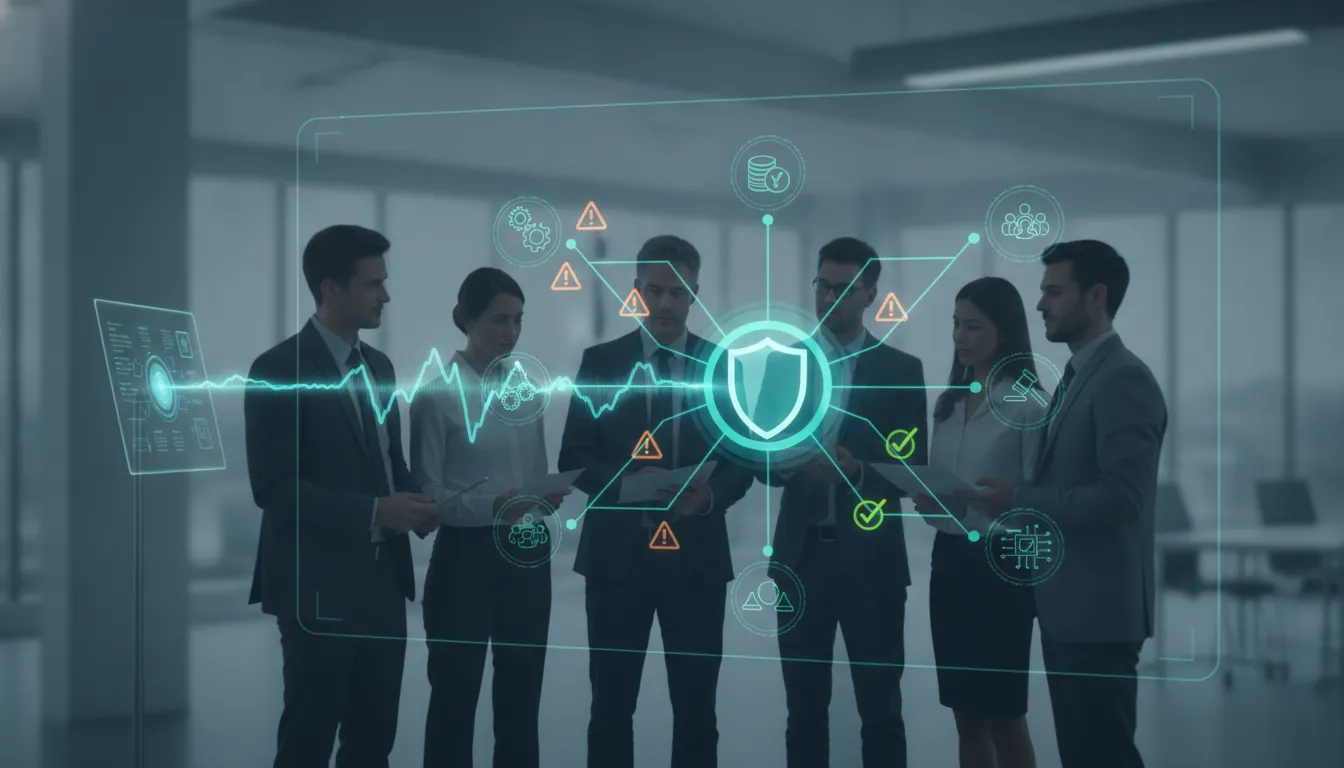 Conceptual image showing a transformation blueprint being pressure-tested early to reduce reputational and project risk, with warning indicators fading and communications channels connecting key stakeholders.