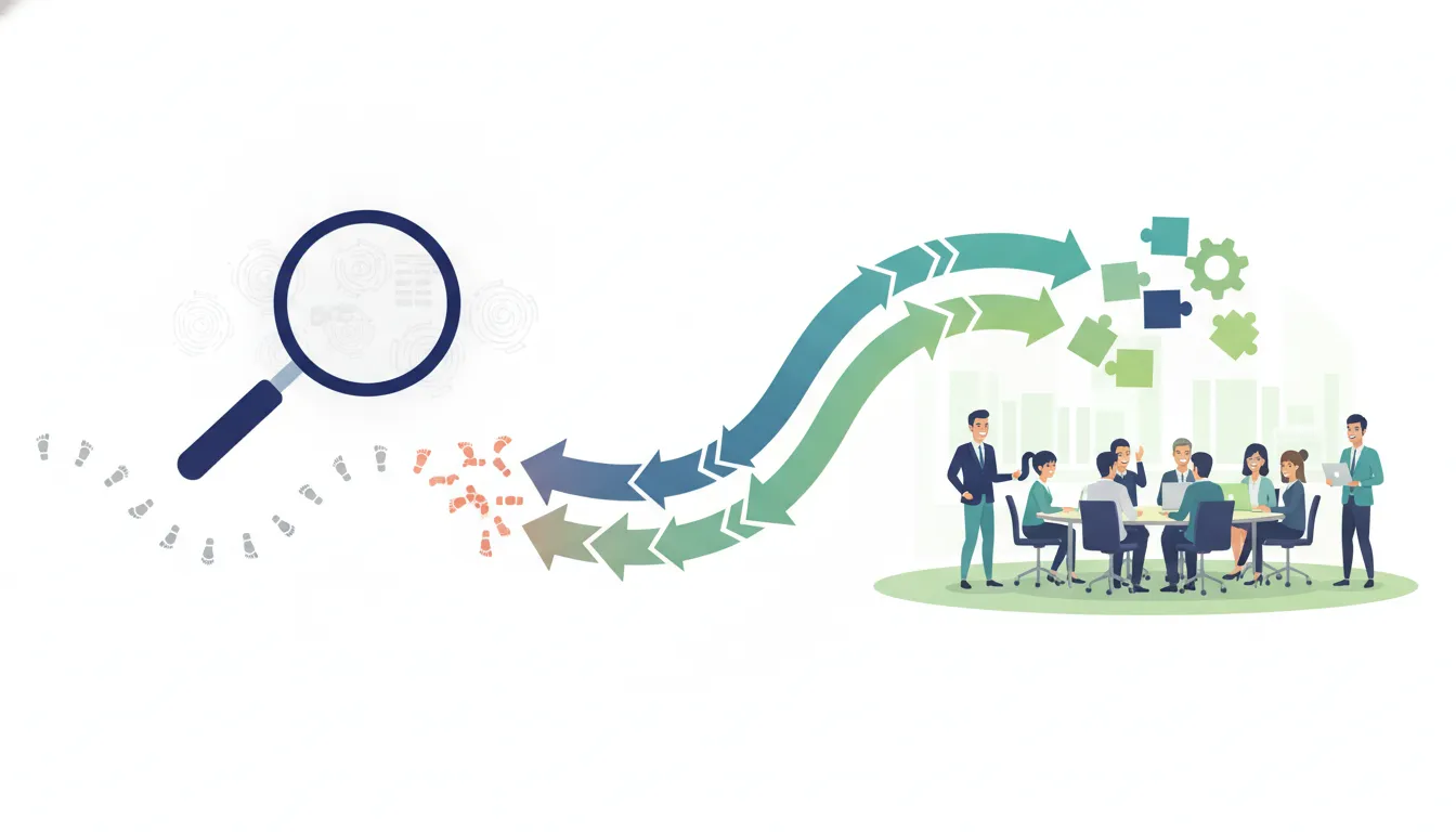Illustration of proactive employee retention consulting shown through a magnifying glass detecting subtle workplace patterns and a clear path toward improved team stability.