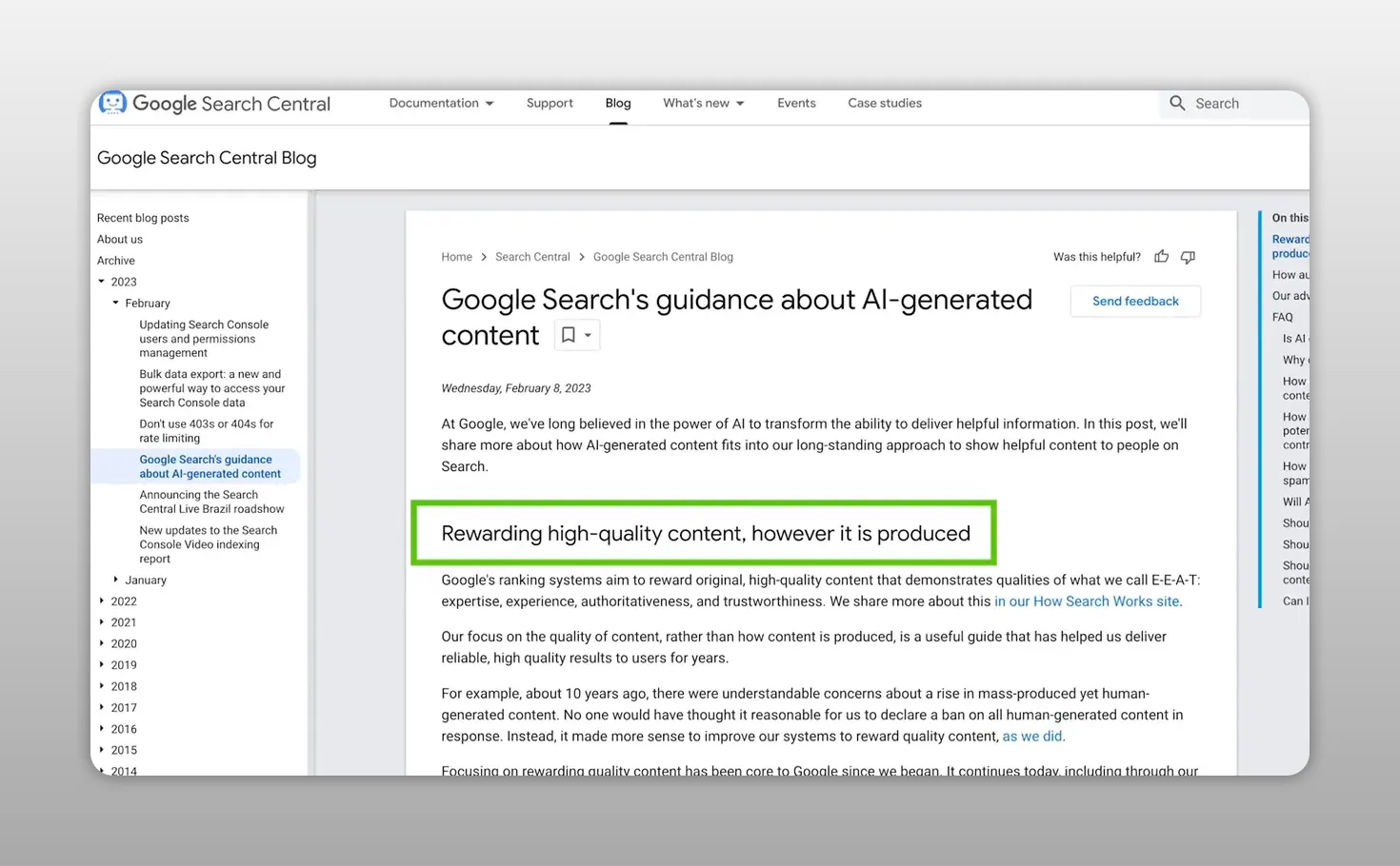 Trang hướng dẫn của Google Search Central với đoạn nội dung được tô sáng