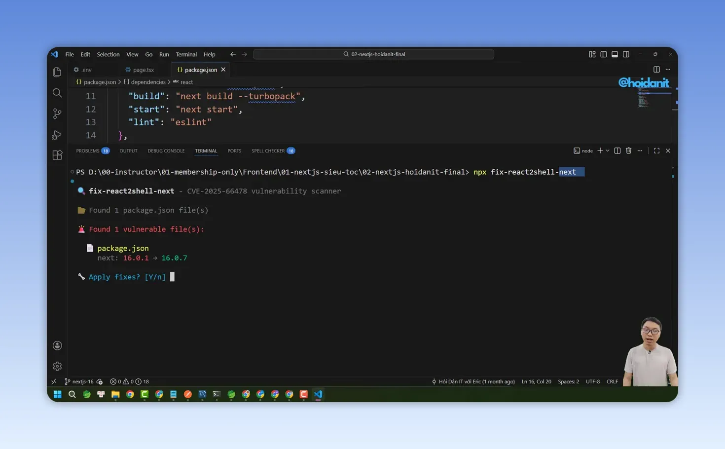 Terminal trong Visual Studio Code hiển thị kết quả chạy công cụ kiểm tra dependency
