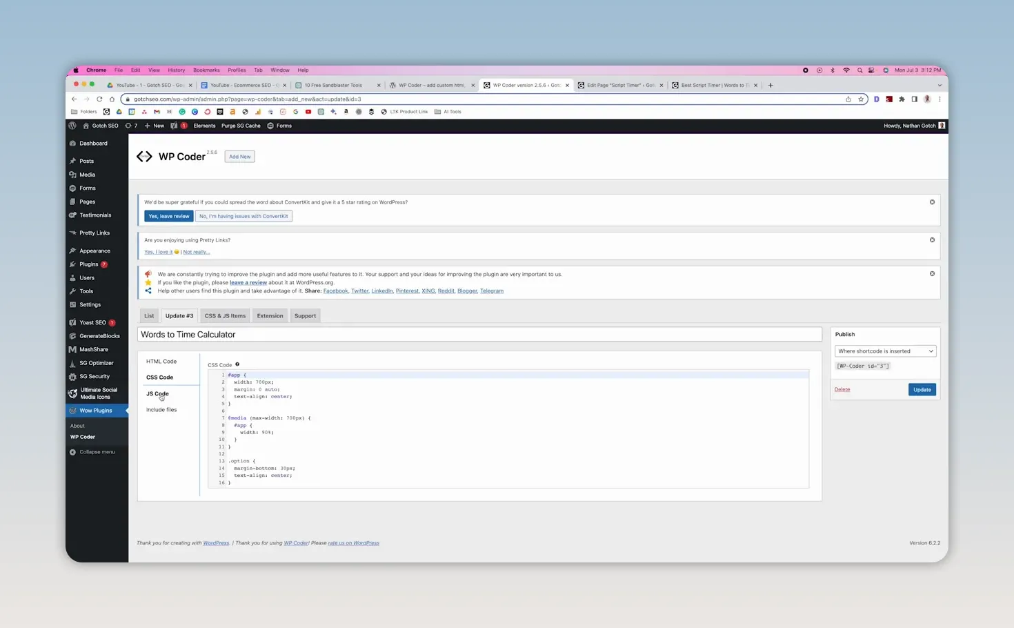 Trang quản trị WordPress với vùng nhập mã cho công cụ