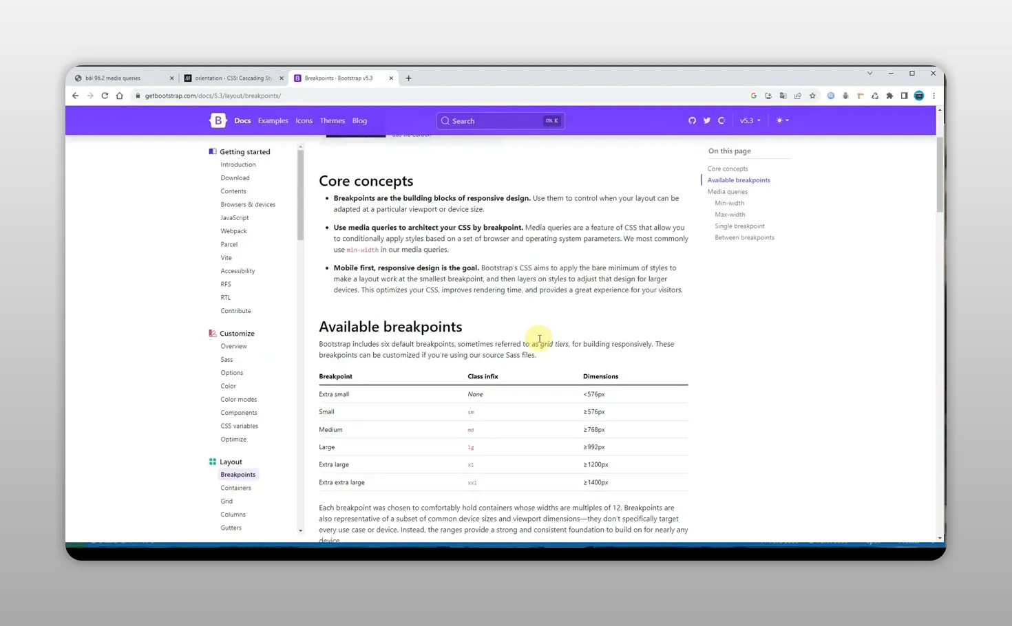 Bảng các breakpoint có sẵn trong tài liệu Bootstrap