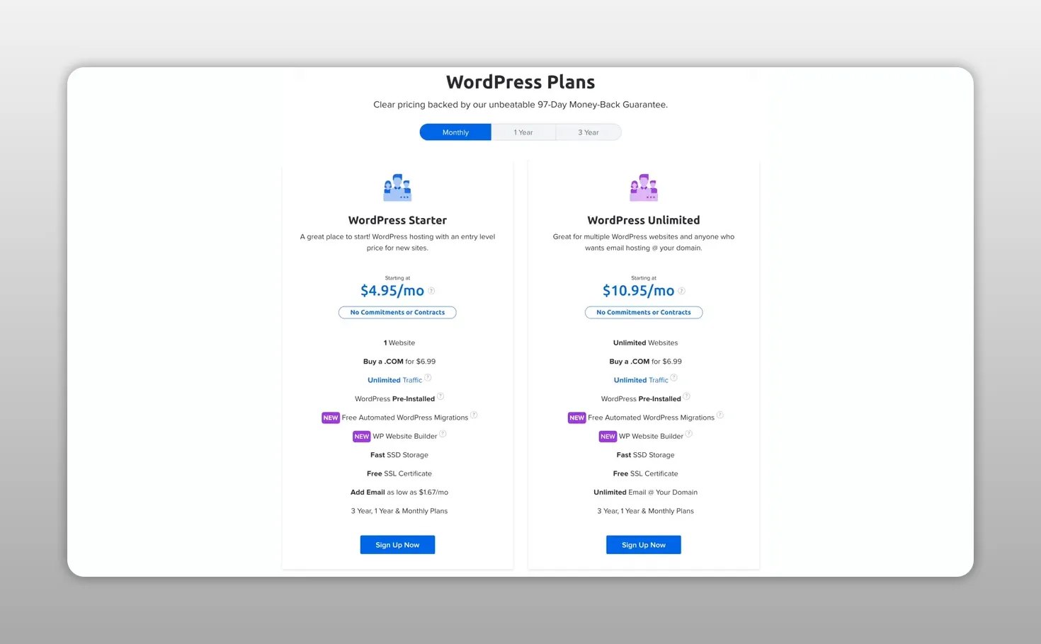 Bảng giá các gói WordPress với hai lựa chọn dịch vụ