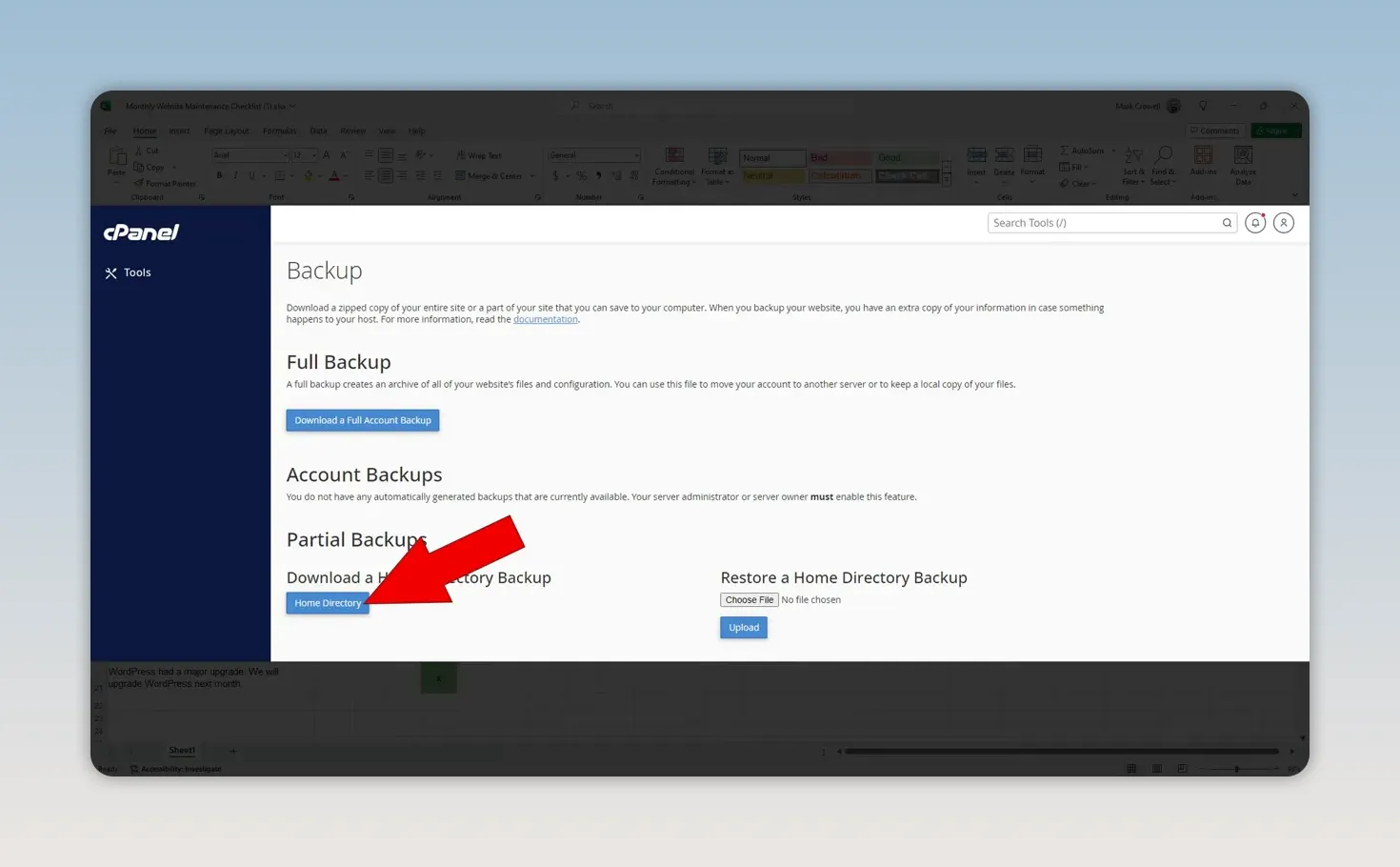 Trang sao lưu trong cPanel với khu vực tải xuống bản sao lưu toàn bộ tài khoản