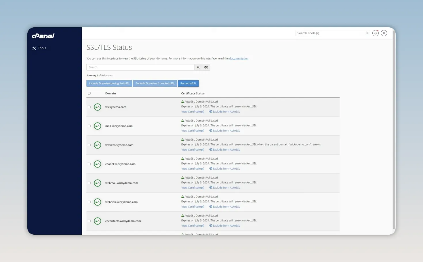 Trang SSL TLS Status trong cPanel hiển thị danh sách chứng chỉ của tên miền