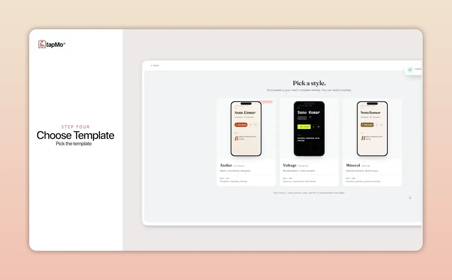 Three digital card template previews on the TapMo style selection page