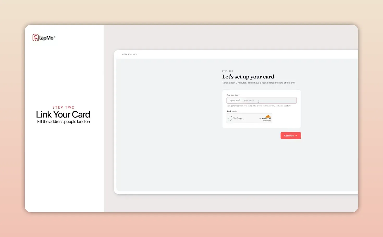 TapMo setup page with a field for choosing a card link