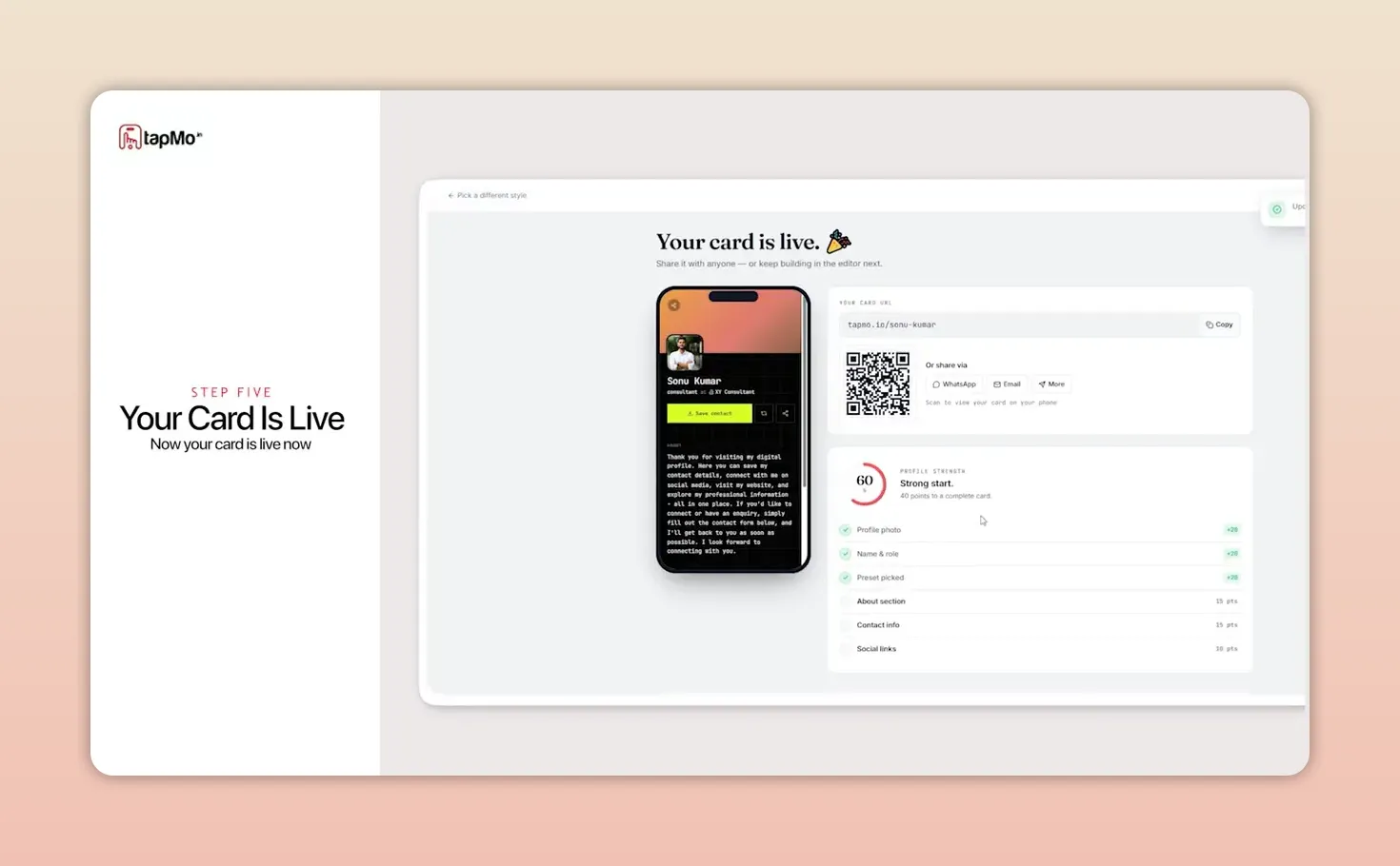 TapMo live card page showing a mobile card preview beside a QR code